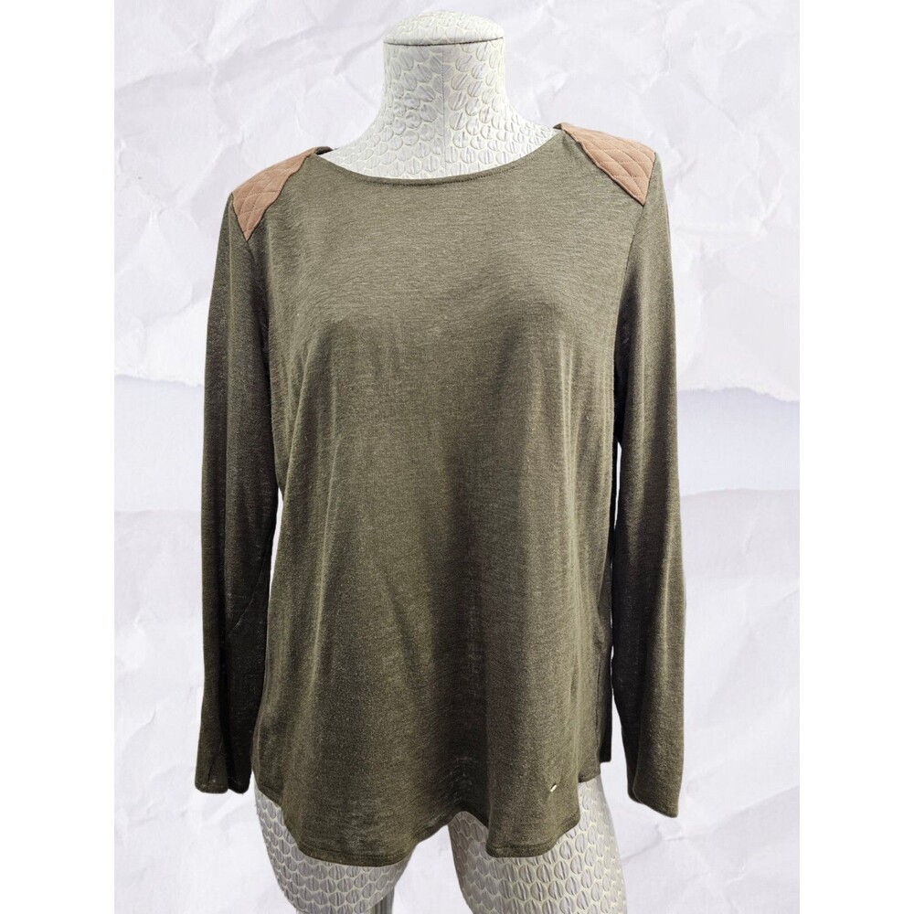 Women's M Massimo Dutti 100% Linen Knit Sweater Top W/ Leather Shoulder Pads EUC